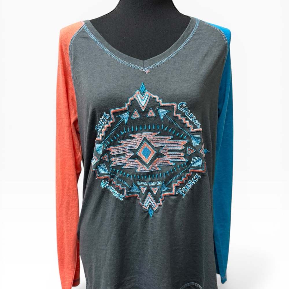 Cowgirl Tuff Aztec Graphic Top Colorblock Long Sleeve Western Boho L
